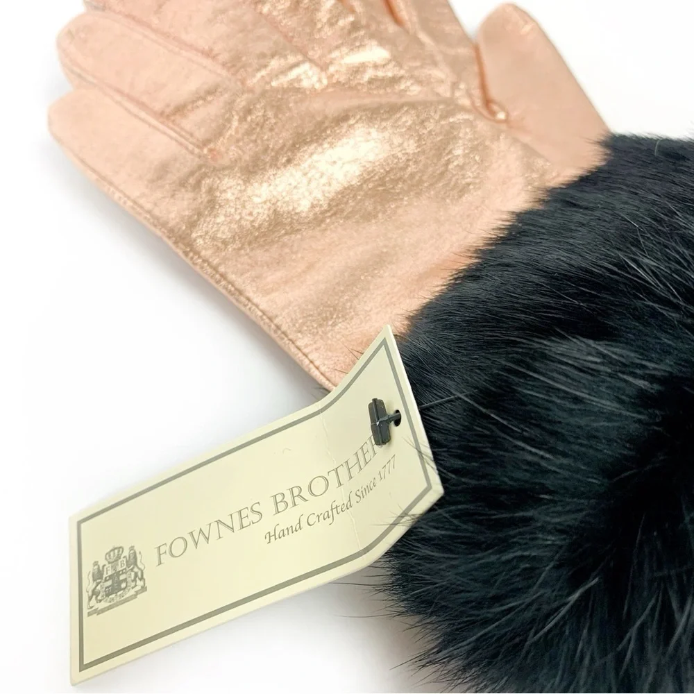 Rose Gold Leather Gloves With Plush Fur Cuffs Size 7